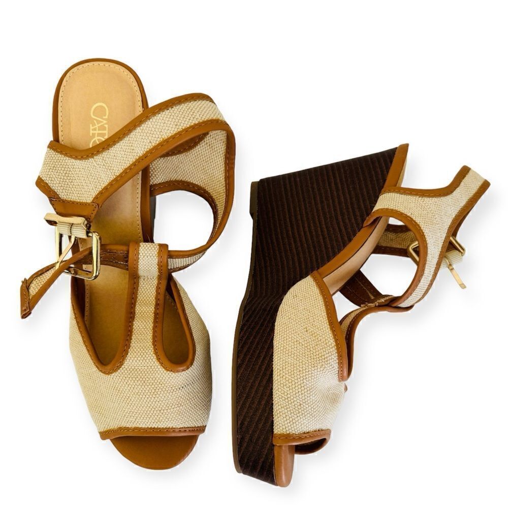 CATO Tan Linen Wedge Sandals Size 8.5 Wide